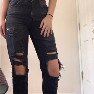 American Eagle black destroyed mom jeans